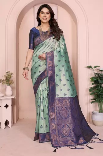 rama blue silk blend banarasi saree with unstitched blouse piece