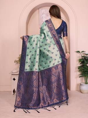 rama blue silk blend banarasi saree with unstitched blouse piece 3