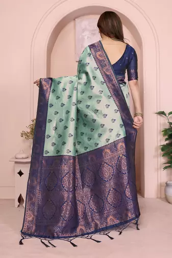 rama blue silk blend banarasi saree with unstitched blouse piece