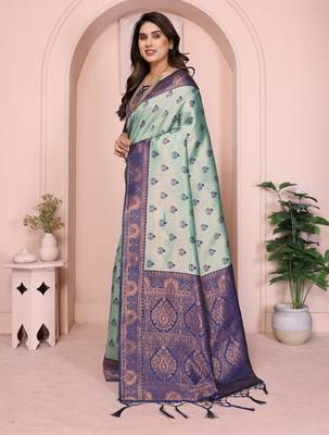rama blue silk blend banarasi saree with unstitched blouse piece 4