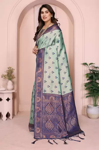 rama blue silk blend banarasi saree with unstitched blouse piece