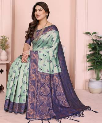 rama blue silk blend banarasi saree with unstitched blouse piece 1