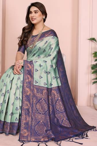 rama blue  soft art silk blend banarasi jacuard work designer party wear saree with unstitched blouse piece