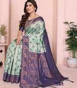 rama blue silk blend banarasi saree with unstitched blouse piece