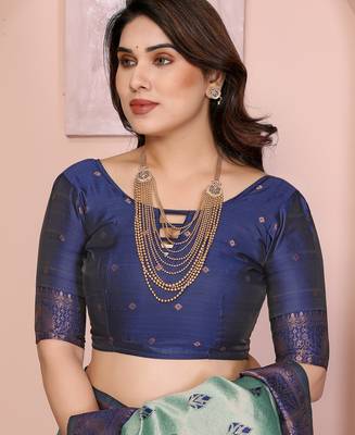 rama blue silk blend banarasi saree with unstitched blouse piece 5