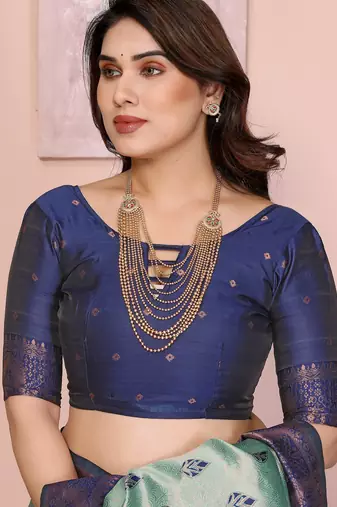 rama blue silk blend banarasi saree with unstitched blouse piece