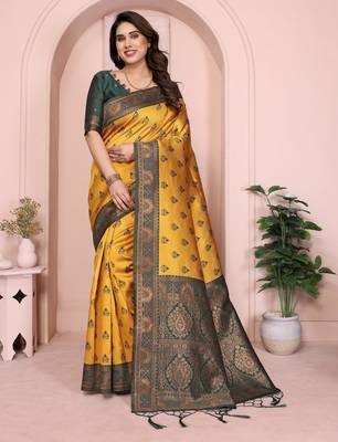 yellow green silk blend banarasi saree with unstitched blouse piece 2