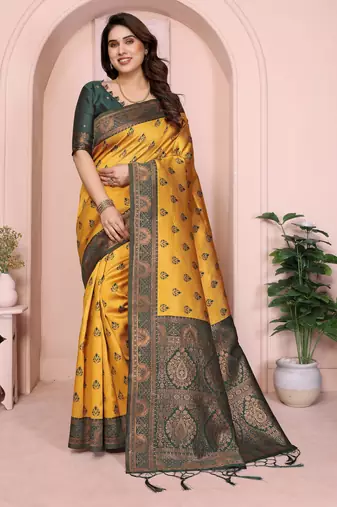 yellow green silk blend banarasi saree with unstitched blouse piece