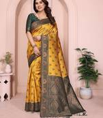 yellow green  soft art silk blend banarasi jacuard work designer party wear saree with unstitched blouse piece