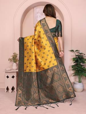 yellow green silk blend banarasi saree with unstitched blouse piece 3