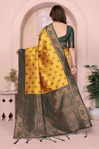 yellow green silk blend banarasi saree with unstitched blouse piece