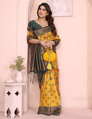yellow green silk blend banarasi saree with unstitched blouse piece 4