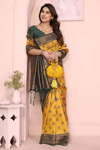 yellow green silk blend banarasi saree with unstitched blouse piece