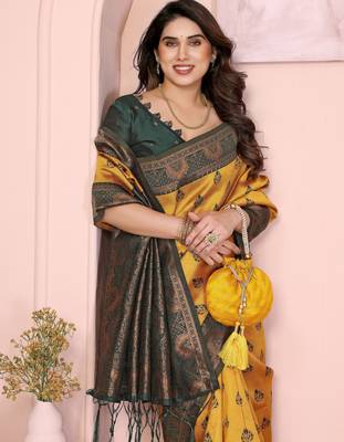 yellow green silk blend banarasi saree with unstitched blouse piece 1