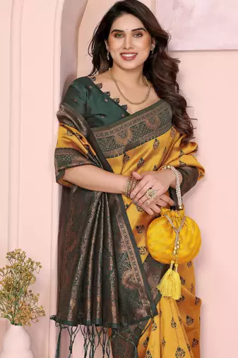 yellow green  soft art silk blend banarasi jacuard work designer party wear saree with unstitched blouse piece