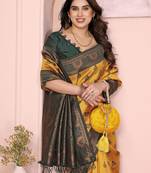 yellow green silk blend banarasi saree with unstitched blouse piece