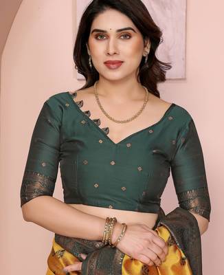 yellow green silk blend banarasi saree with unstitched blouse piece 5