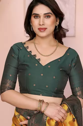 yellow green silk blend banarasi saree with unstitched blouse piece