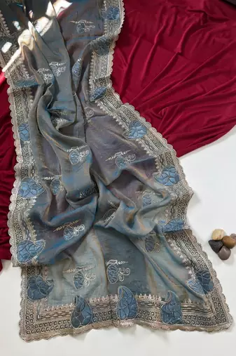 Light Grey Color Moss Chiffon Embroidered Diamond Work Saree