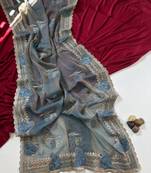 Light Grey Color Moss Chiffon Embroidered Diamond Work Saree