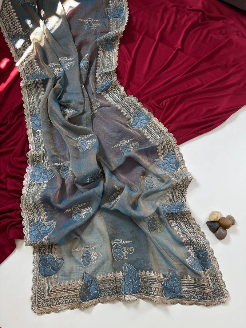 Light Grey Color Moss Chiffon Embroidered Diamond Work Saree