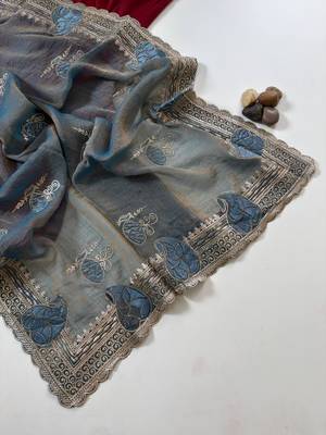 Light Grey Color Moss Chiffon Embroidered Diamond Work Saree 2