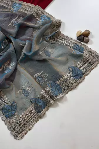Light Grey Color Moss Chiffon Embroidered Diamond Work Saree