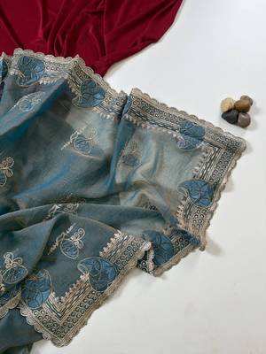 Light Grey Color Moss Chiffon Embroidered Diamond Work Saree 3