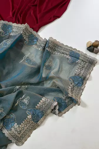 Light Grey Color Moss Chiffon Embroidered Diamond Work Saree