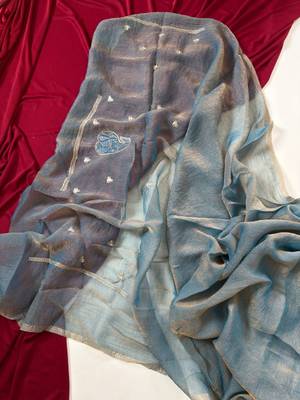 Light Grey Color Moss Chiffon Embroidered Diamond Work Saree 4