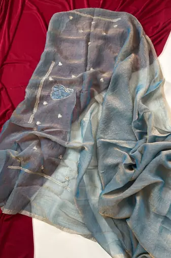 Light Grey Color Moss Chiffon Embroidered Diamond Work Saree