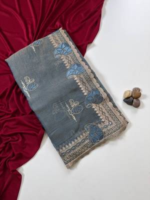 Light Grey Color Moss Chiffon Embroidered Diamond Work Saree 5