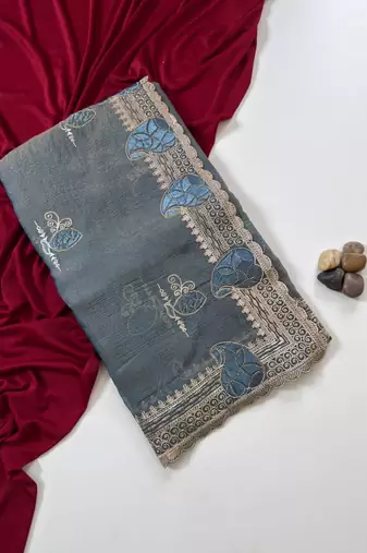 Light Grey Color Moss Chiffon Embroidered Diamond Work Saree