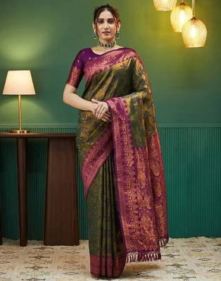 mehendi wine silk blend banarasi saree with unstitched blouse piece 1