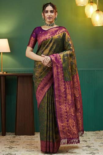 mehendi wine  soft art silk blend banarasi jacuard work designer party wear saree with unstitched blouse piece