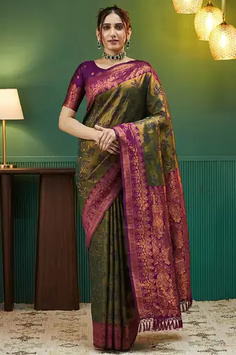 mehendi wine  soft art silk blend banarasi jacuard work designer party wear saree with unstitched blouse piece