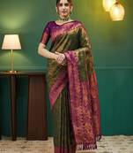 mehendi wine  soft art silk blend banarasi jacuard work designer party wear saree with unstitched blouse piece