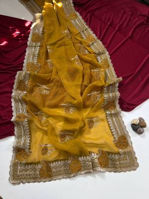 Mustered Color Moss Chiffon Embroidered Diamond Work Saree 1