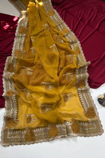 Mustered Color Moss Chiffon Embroidered Diamond Work Saree