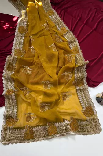 Mustered Color Moss Chiffon Embroidered Diamond Work Saree