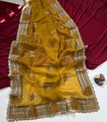 Mustered Color Moss Chiffon Embroidered Diamond Work Saree