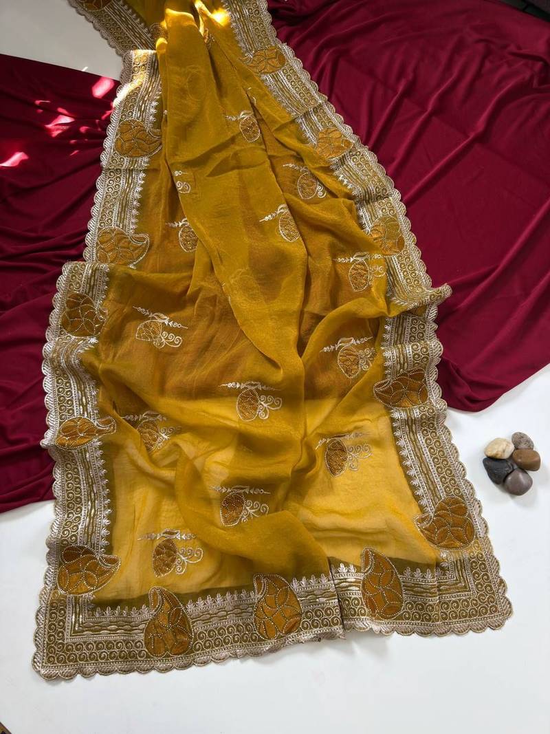 Mustered Color Moss Chiffon Embroidered Diamond Work Saree