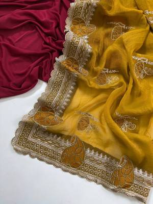 Mustered Color Moss Chiffon Embroidered Diamond Work Saree 2