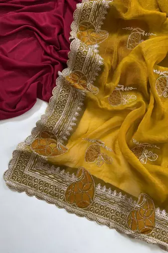 Mustered Color Moss Chiffon Embroidered Diamond Work Saree