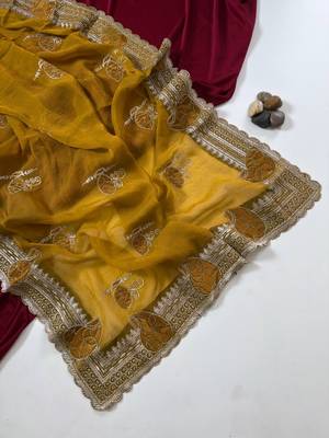 Mustered Color Moss Chiffon Embroidered Diamond Work Saree 3