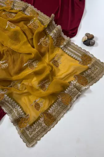 Mustered Color Moss Chiffon Embroidered Diamond Work Saree