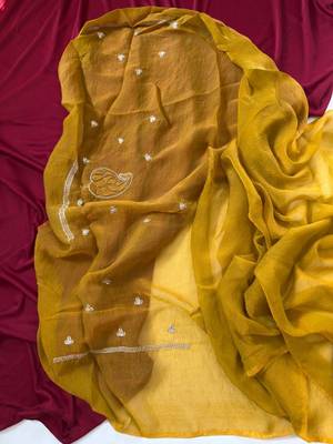 Mustered Color Moss Chiffon Embroidered Diamond Work Saree 4