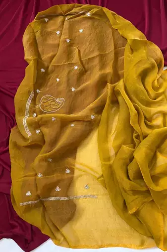 Mustered Color Moss Chiffon Embroidered Diamond Work Saree