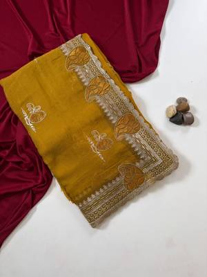 Mustered Color Moss Chiffon Embroidered Diamond Work Saree 5