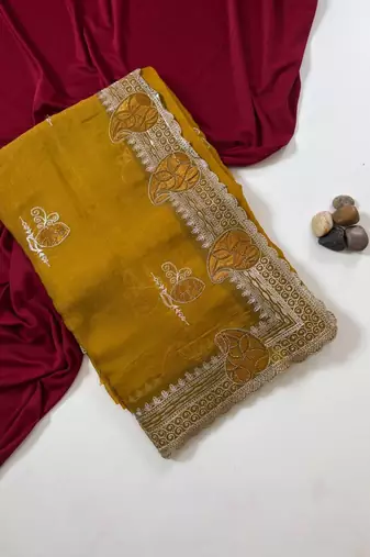Mustered Color Moss Chiffon Embroidered Diamond Work Saree